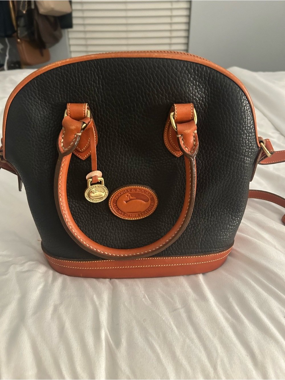 Dooney & Bourke Black Pebbled Leather Mini Satchel with Brown Trim